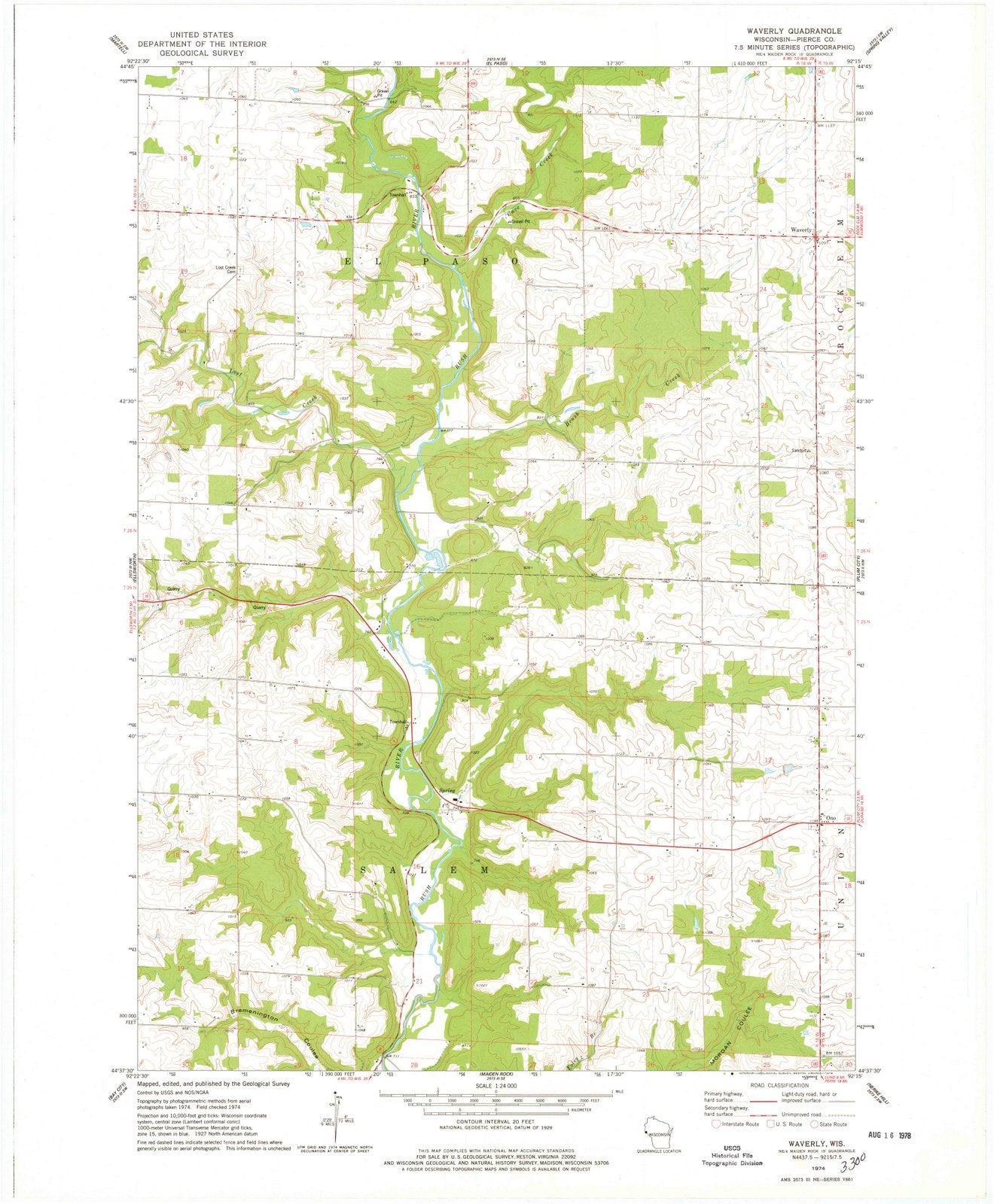 1974 Waverly, WI - Wisconsin - USGS Topographic Map