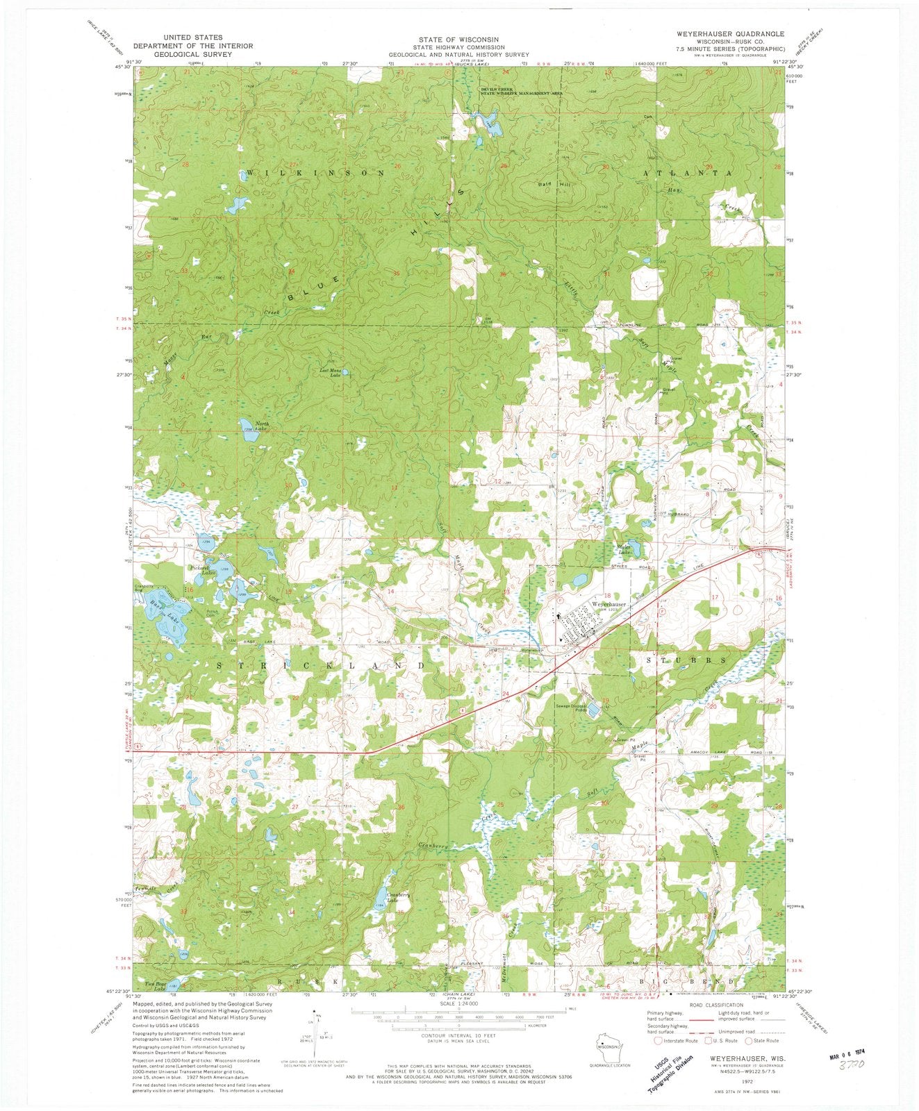 1972 Weyerhauser, WI - Wisconsin - USGS Topographic Map