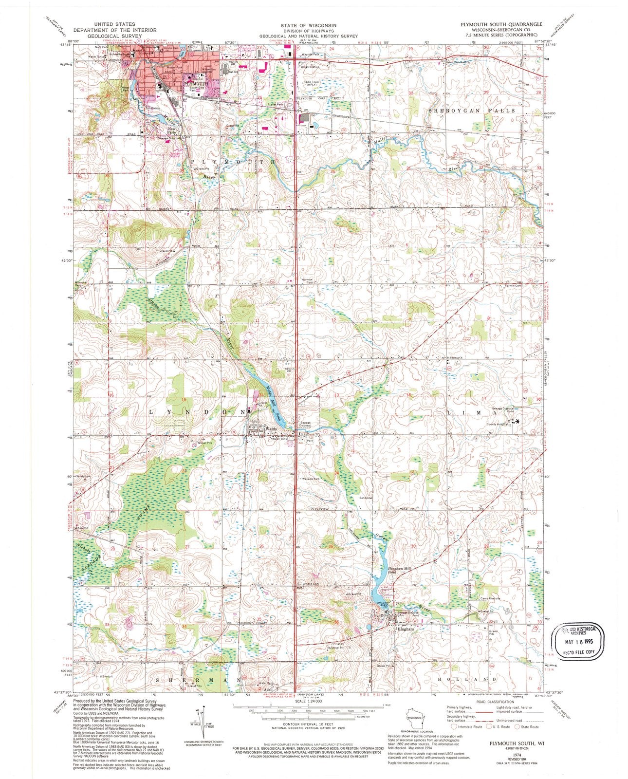 1974 Plymouth South, WI - Wisconsin - USGS Topographic Map