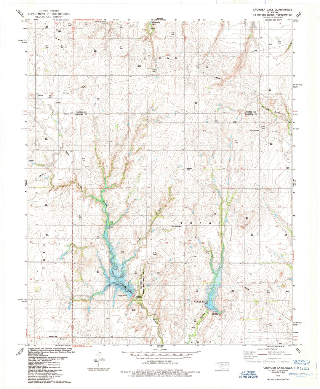 1985 Crowder Lake, OK - Oklahoma - USGS Topographic Map