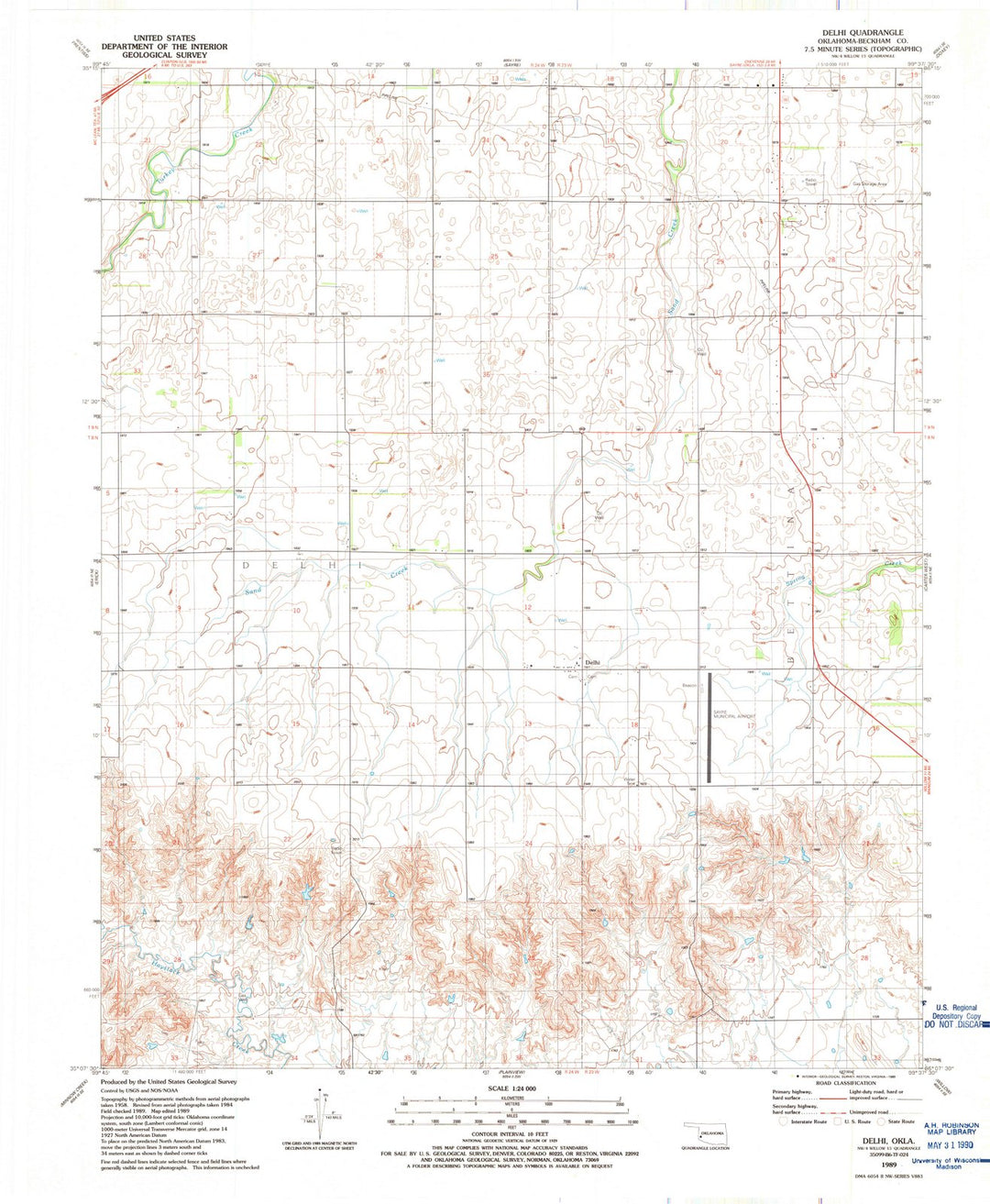 1989 Delhi, OK - Oklahoma - USGS Topographic Map