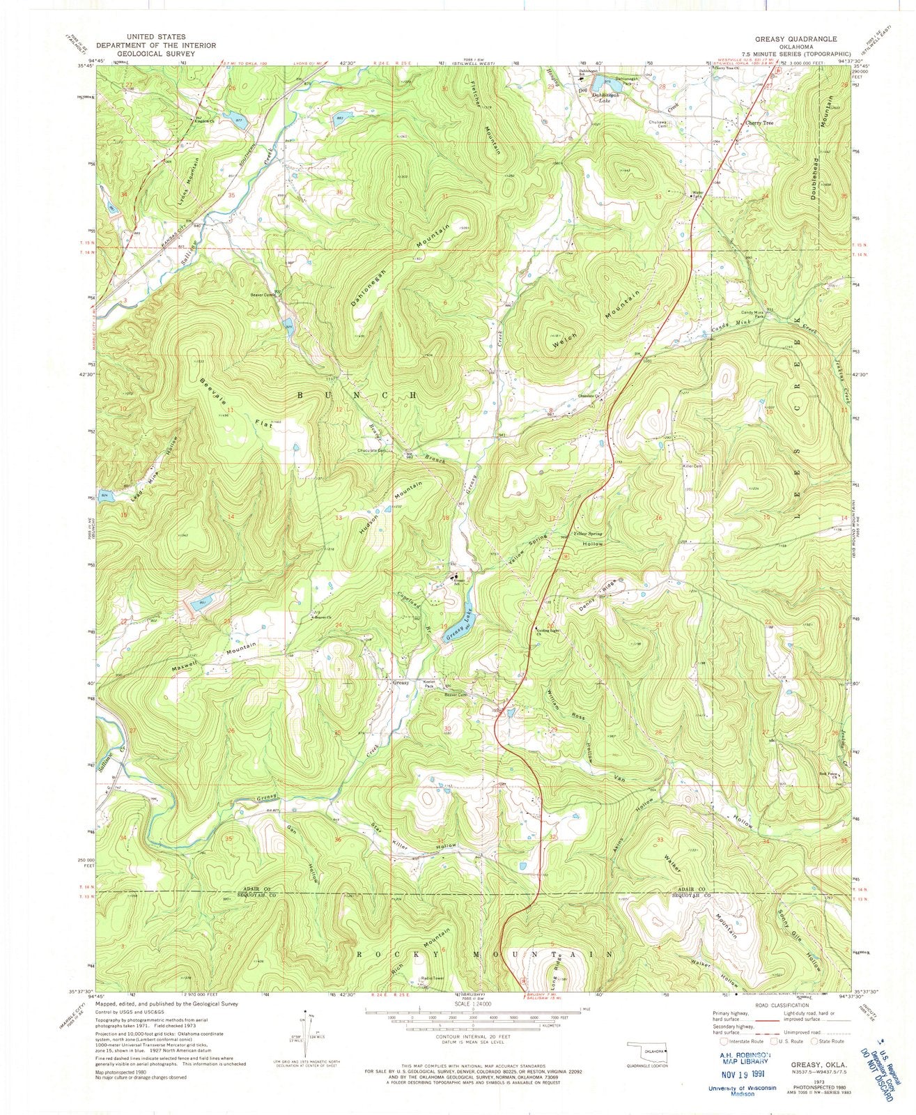 1973 Greasy, OK - Oklahoma - USGS Topographic Map