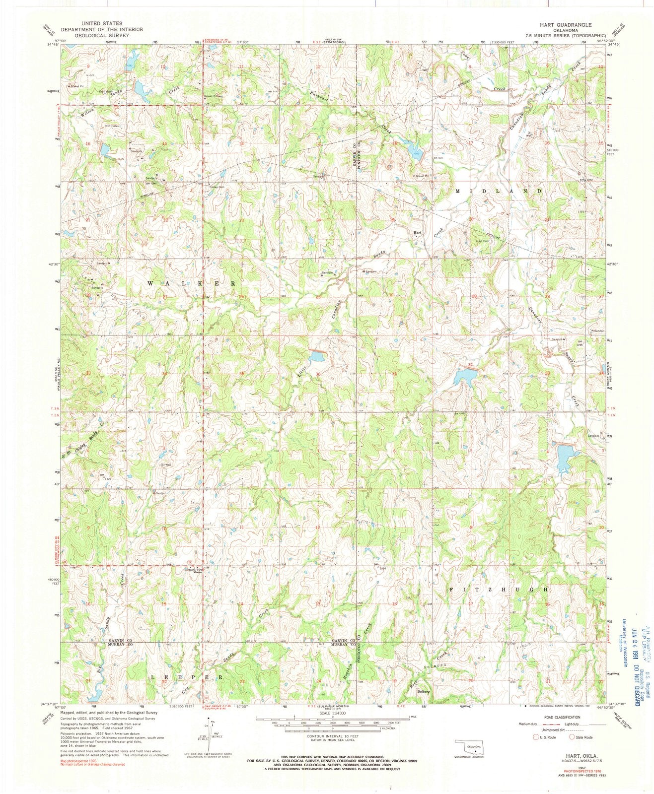 1967 Hart, OK - Oklahoma - USGS Topographic Map