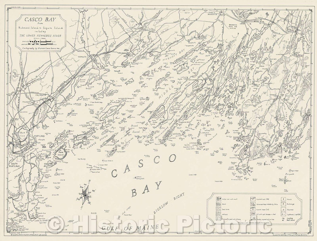 Historic Map : Casco Bay from Richmond Island to Seguin Island : including the lower Kennebec River, 1992 , Vintage Wall Art