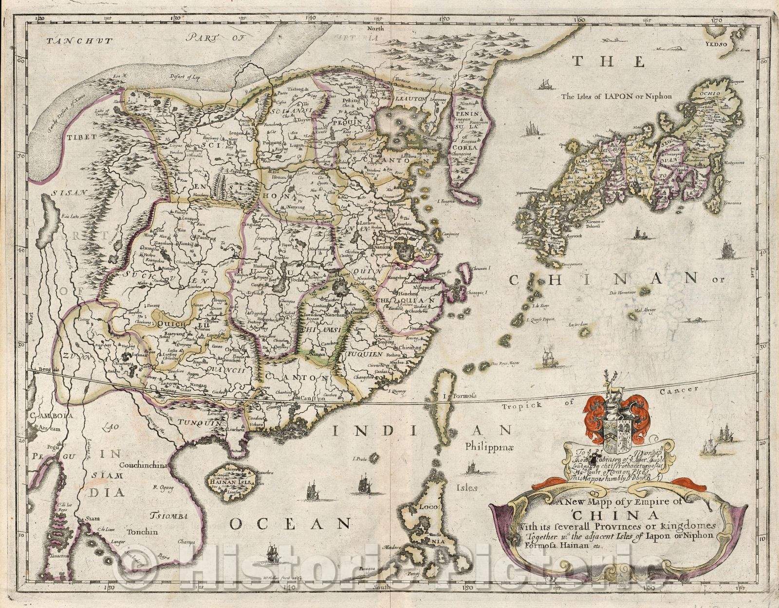 Historic Map : A New Mapp of y Empire of China With its severall Provinces or kingdoms Together w.th the adjacent Isles of Japon or Niphon Formosa Hainan etc., 1669 , Vintage Wall Art