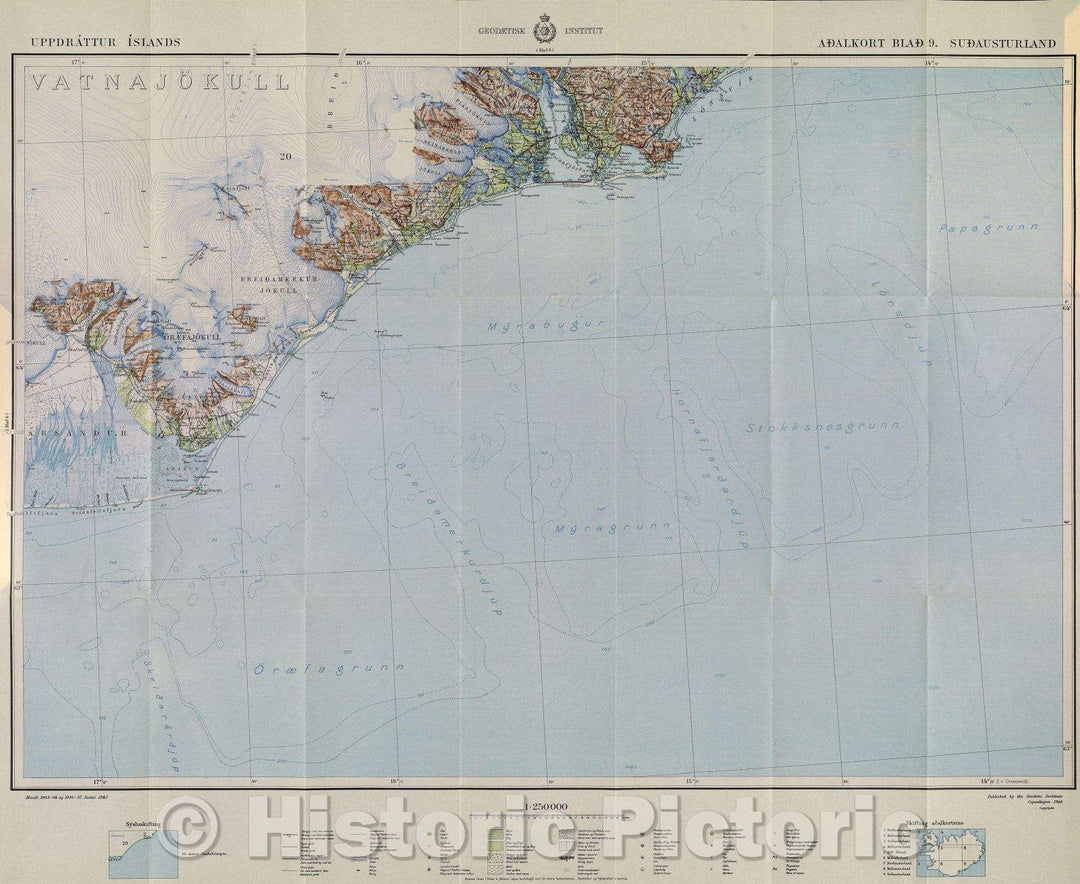 Historic Map : Color topographical map of southeast Iceland. Part of a set of 9 maps., 1949 , Vintage Wall Art