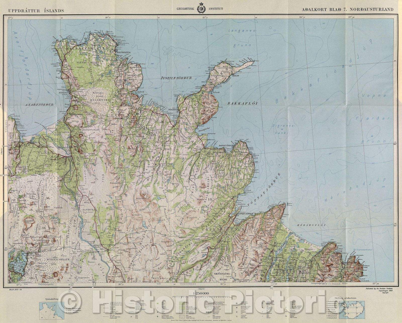 Historic Map : Color topographical map of northeast Iceland. Part of a set of 9 maps., 1949 , Vintage Wall Art