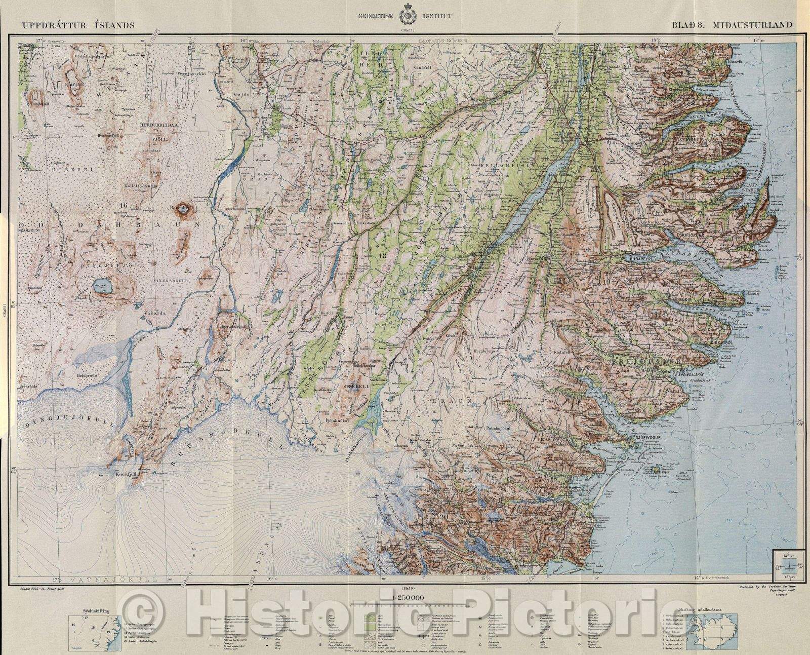 Historic Map : Color topographical map of south central Iceland. Part of a set of 9 maps., 1949 , Vintage Wall Art