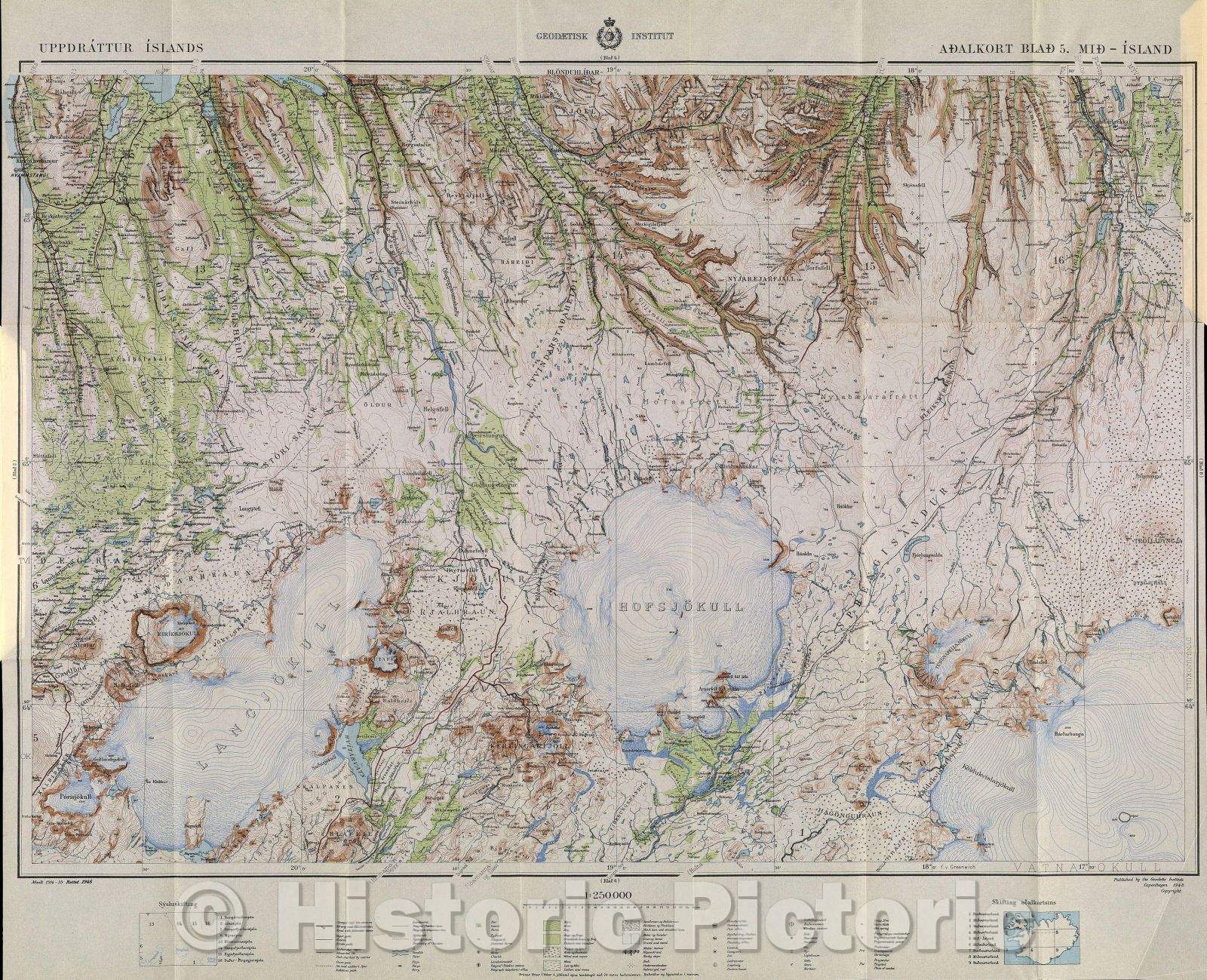 Historic Map : Color topographical map of central Iceland. Part of a set of 9 maps., 1948 , Vintage Wall Art