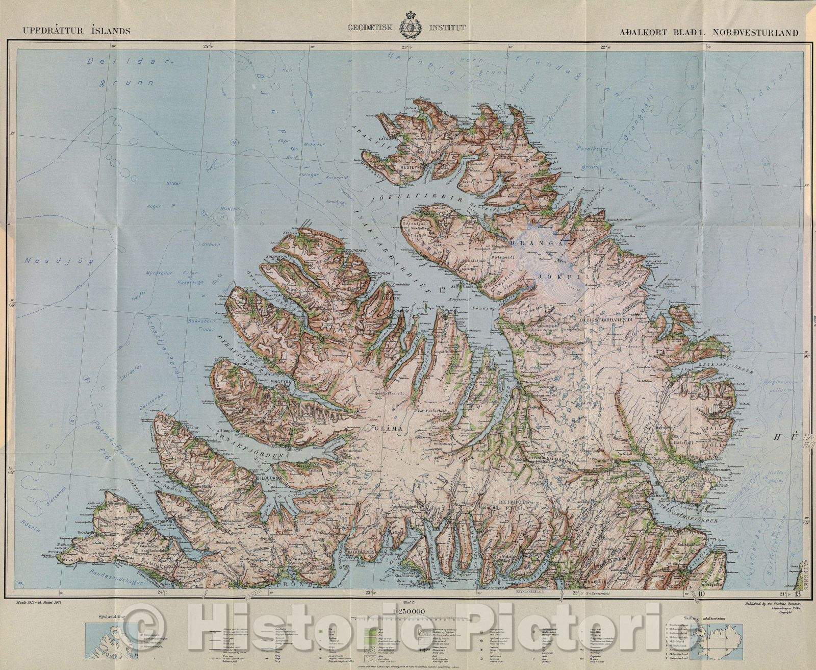 Historic Map : Color topographical map of northwest Iceland. Part of a set of 9 maps., 1949 , Vintage Wall Art