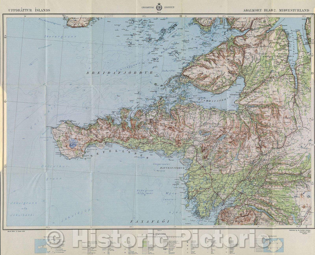 Historic Map : Color topographical map of southeast Iceland. Part of a set of 9 maps., 1952 , Vintage Wall Art