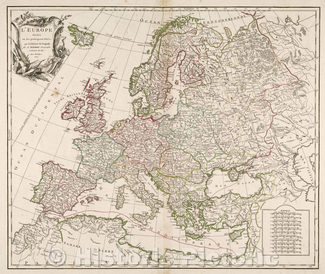 Historic Map : L'Europe divise?e en les principaux etats par le Sr. Robert de Vaugondy, fils de M. Robert, Geographe ordinaire du Roy. Avec Privilege, 1751., 1751 , Vintage Wall Art