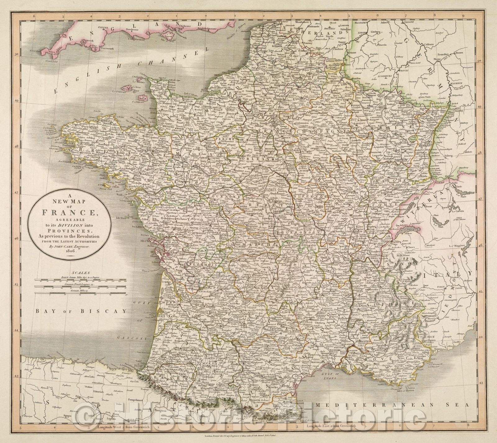 Historic Map : A New Map of France Agreeable to its Divisions into Provinces, As previous to the Revolution from the Latest Authorities By John Cary, Engraver 1806., 1806 , Vintage Wall Art