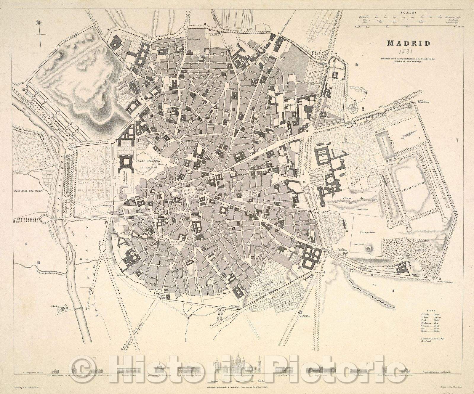 Historic Map : Madrid Published under the Superintendence of the Society for the Diffusion of Useful Knowledge., 1831 , Vintage Wall Art