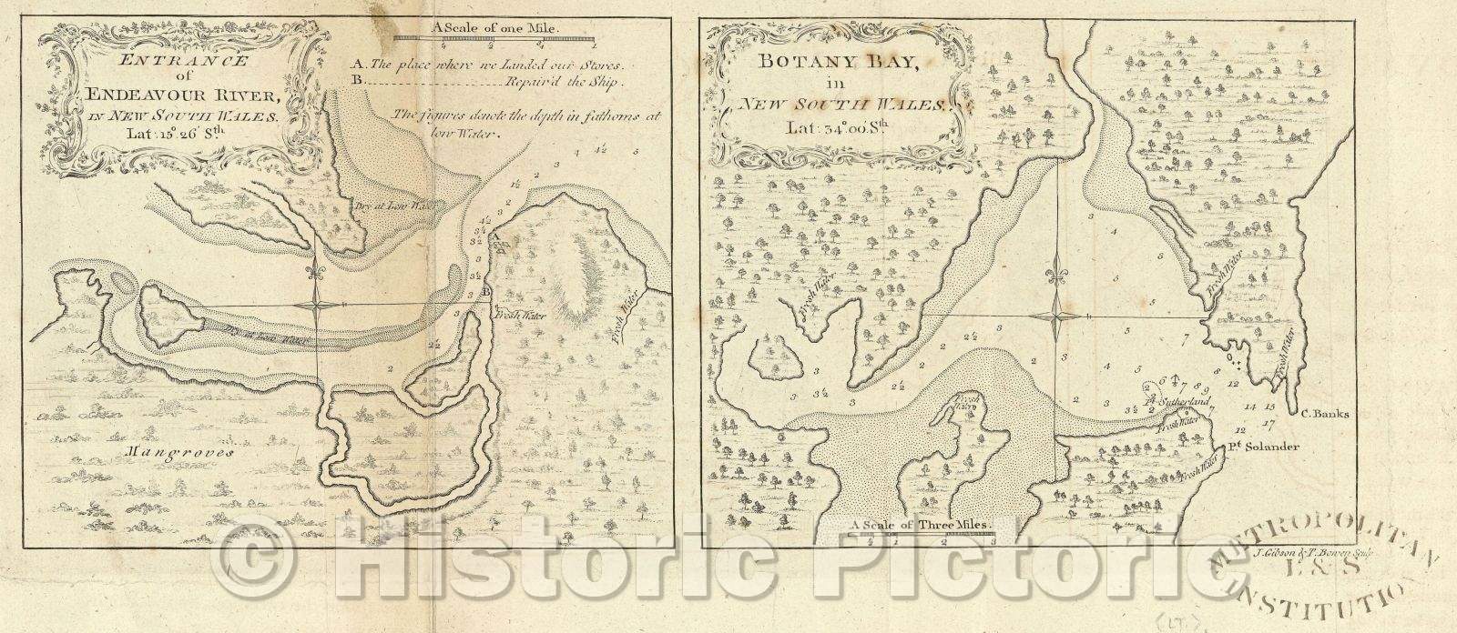 Historic Map : Entrance of Endeavour River in New South Wales Botany Bay in New South Wales, 1771 , Vintage Wall Art