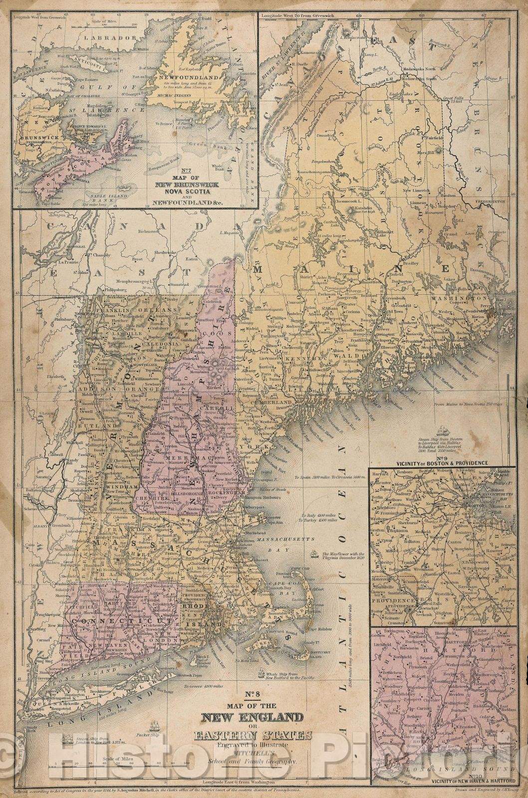 Historic Map : Map of New England or Eastern States Engraved to Illustrate Mitchell's School and Family Geography, 1844 , Vintage Wall Art