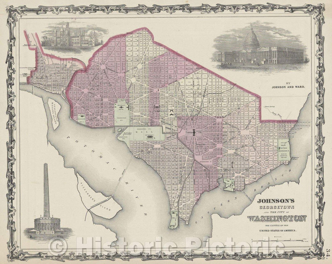 Historic Map : Johnson's Georgetown and the City of Washington, the Capital of the United States of America. By Johnson and Ward, 1862 , Vintage Wall Art