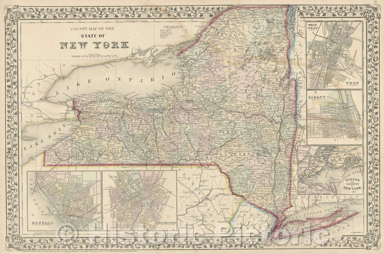 Historic Map : County Map of the State of New York drawn and engraved by W.H. Gamble, 1867 , Vintage Wall Art