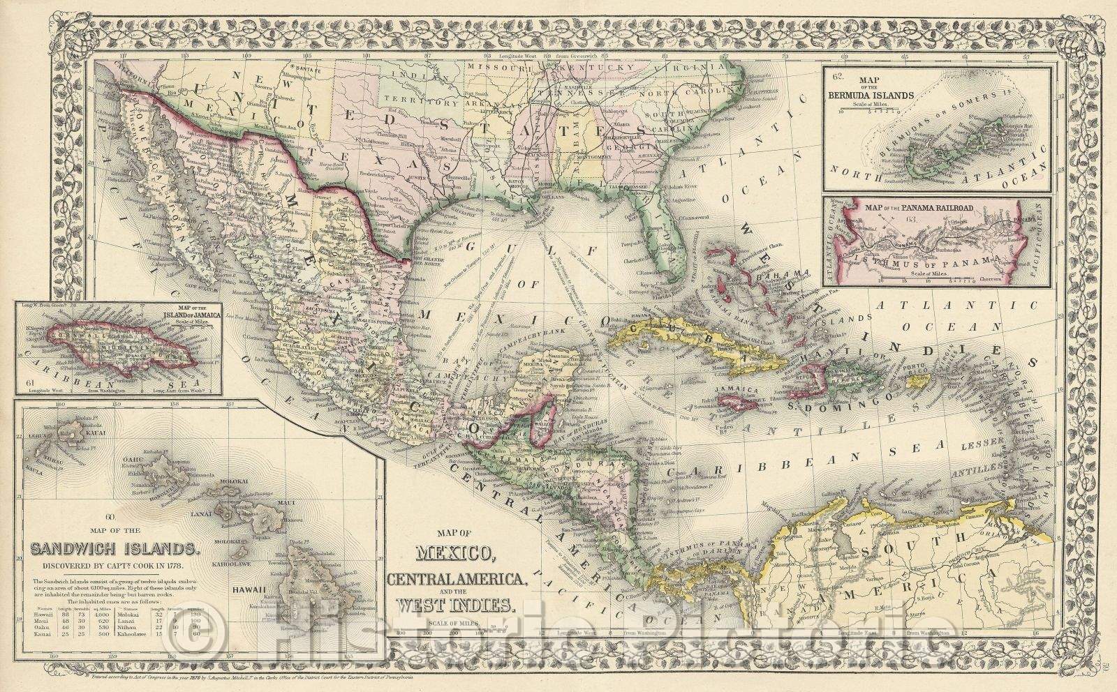 Historic Map : Map of Mexico, Central America, and the West Indies., 1870 , Vintage Wall Art