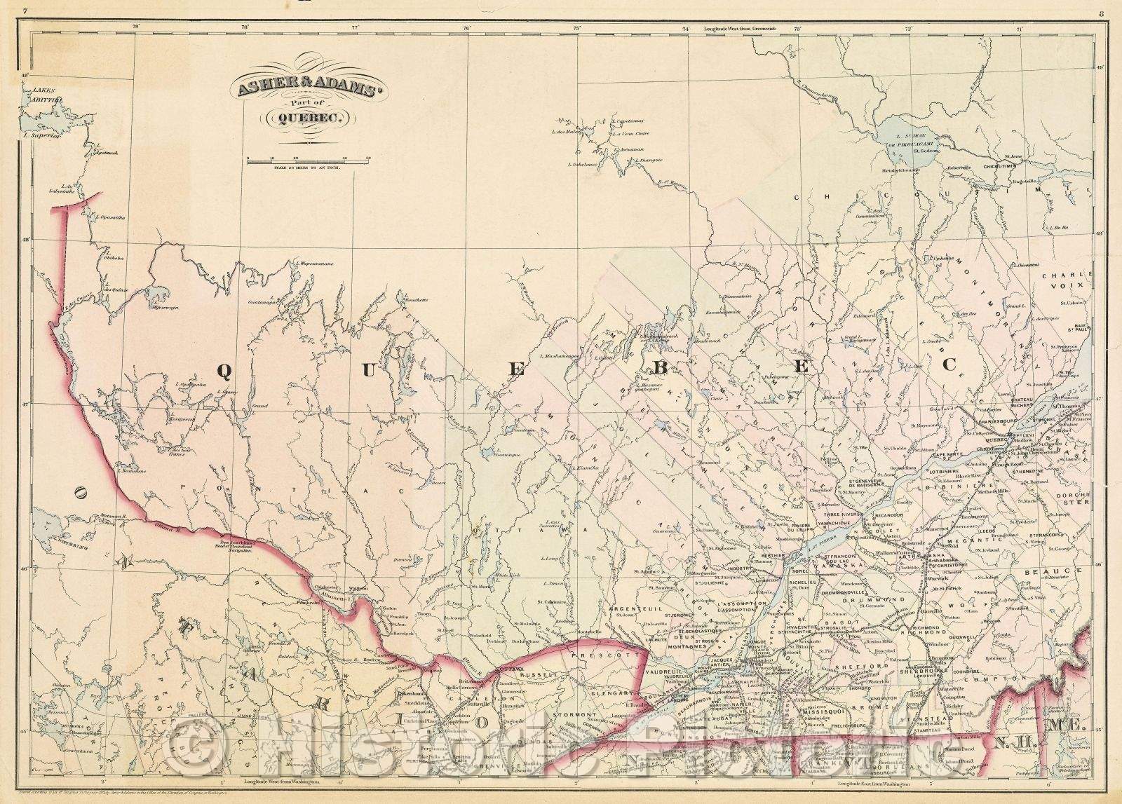 Historic Map : Asher and Adams' Part of Quebec., 1874 , Vintage Wall Art