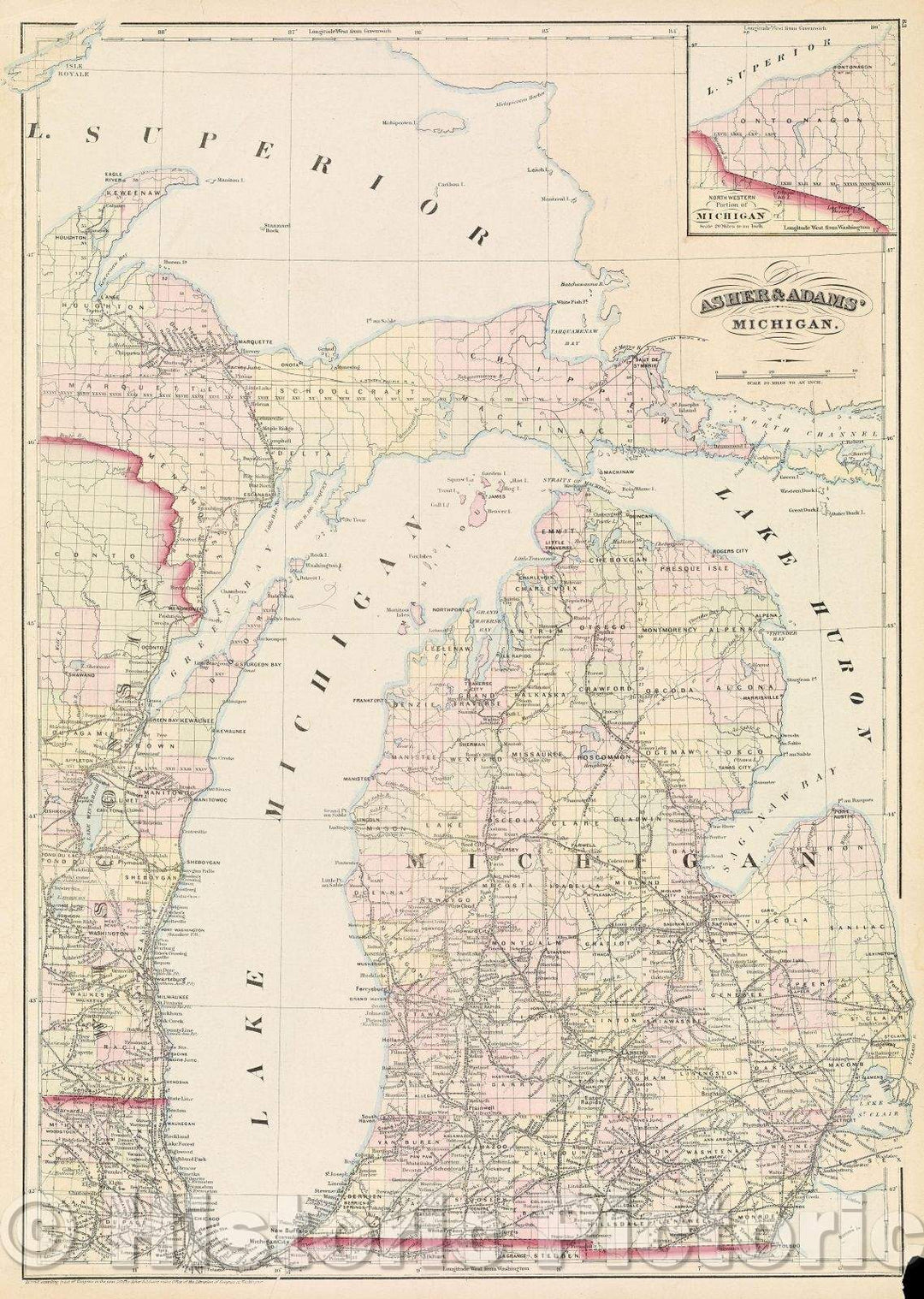 Historic Map : Asher and Adams' Michigan., 1874 , Vintage Wall Art