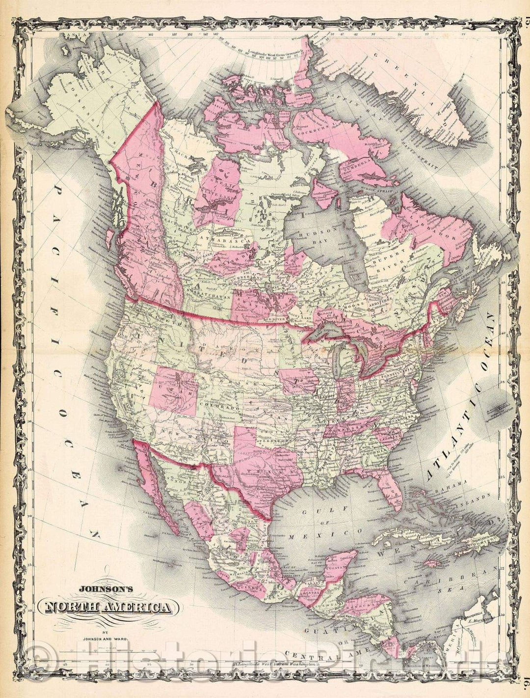 Historic Map : Johnson's North America by Johnson and Ward, c. 1861 , Vintage Wall Art