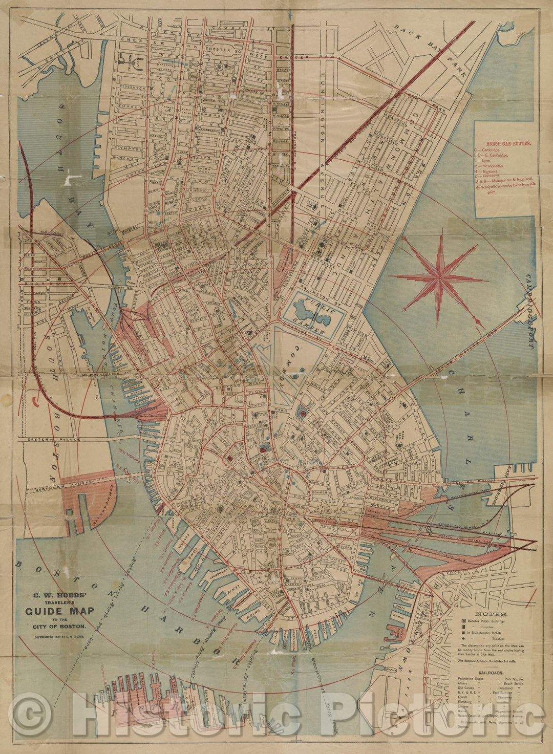 Historic Map : C.W. Hobbs' Traveler's Guide Map to the City of Boston., 1880 , Vintage Wall Art