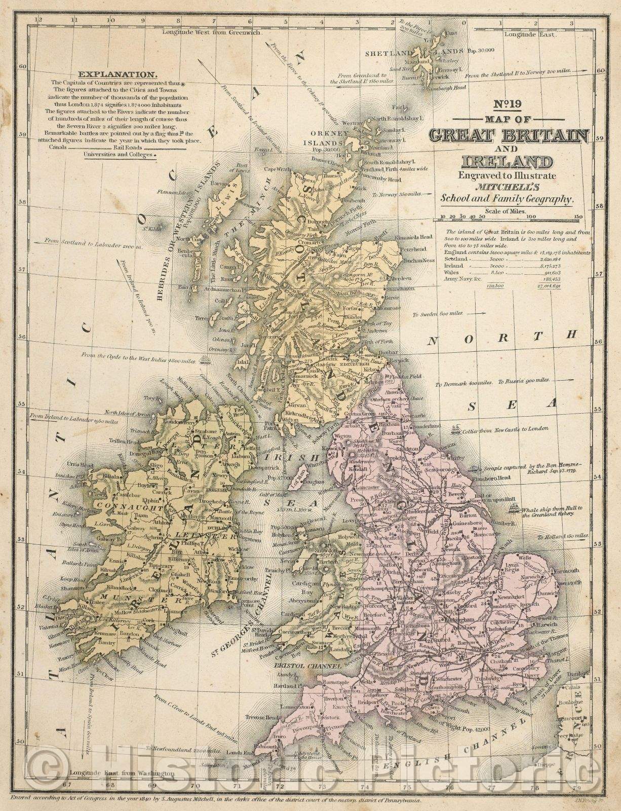 Historic Map : Map of Great Britain and Ireland engraved to illustrate Mitchell's School and Family Geography, 1840 , Vintage Wall Art