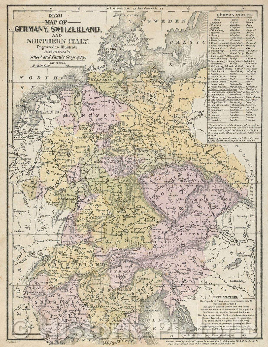 Historic Map : Map of Germany, Switzerland, and Northern Italy, 1840 , Vintage Wall Art , v2