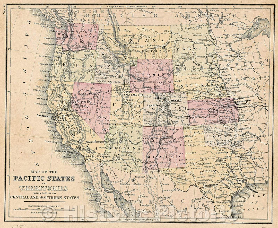 Historic Map : Map of the Pacific States and Territories with a Part of the Central and Southern States, 1885 , Vintage Wall Art