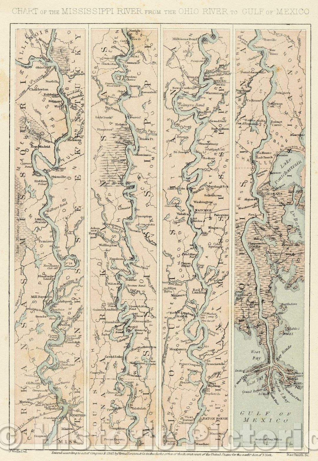 Historic Map : Chart of the Mississippi River from the Ohio River to Gulf of Mexico, 1863 , Vintage Wall Art