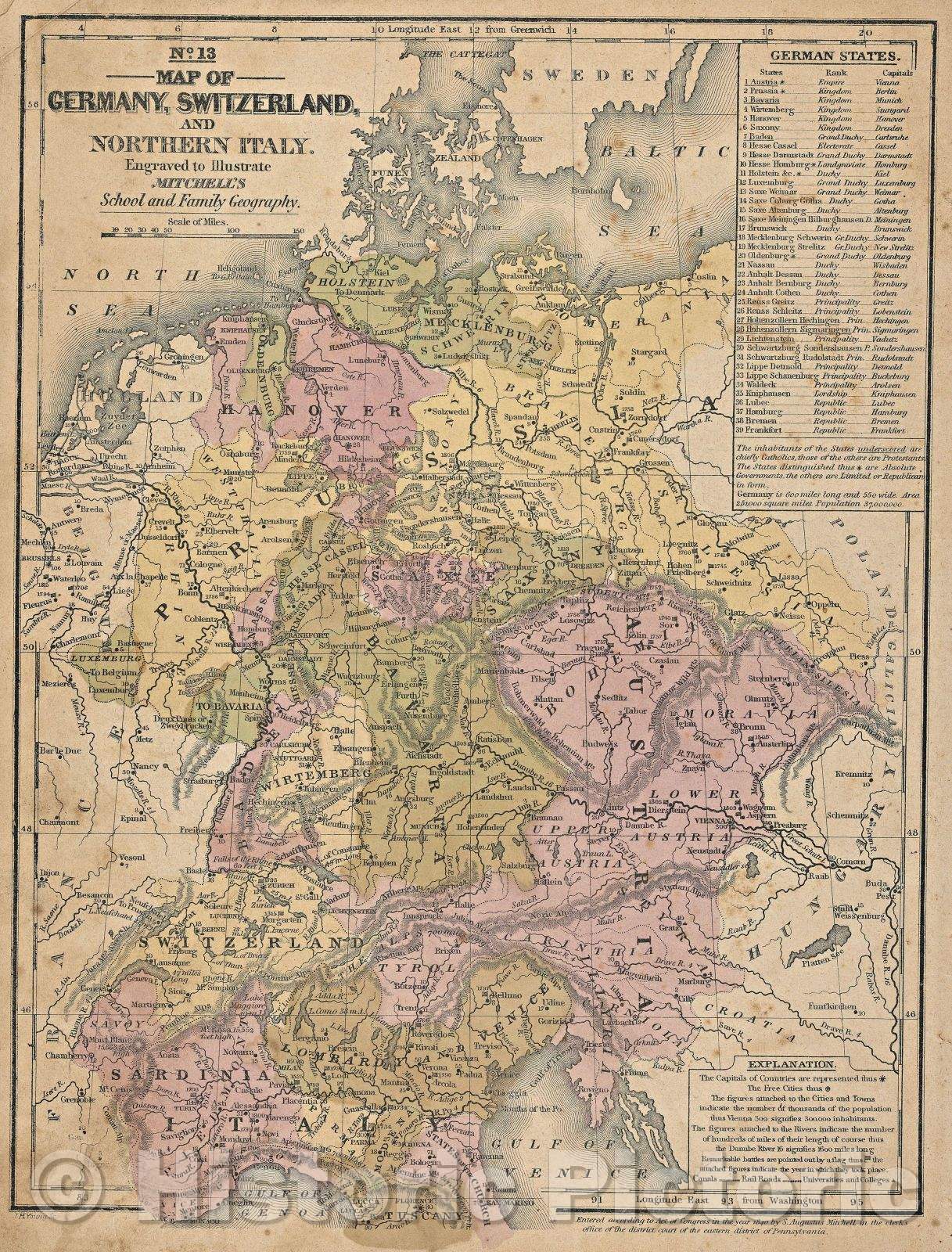 Historic Map : Map of Germany, Switzerland, and Northern Italy, 1840 , Vintage Wall Art