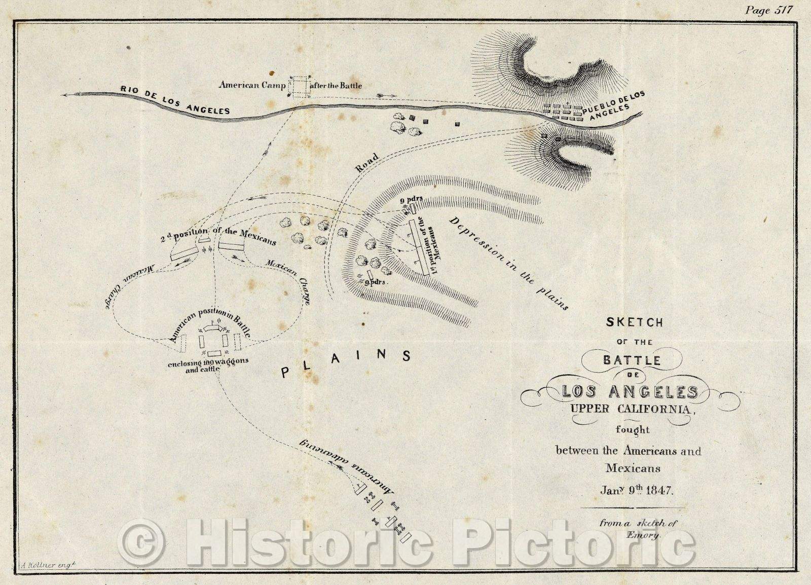 Historic Map : Sketch of the battle of Los Angeles, upper California, fought between the Americans and Mexicans, 1847 , Vintage Wall Art