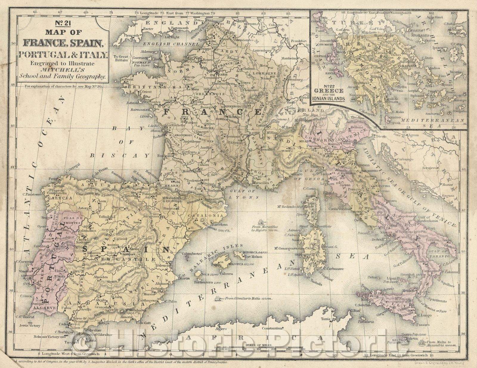 Historic Map : Map of France, Spain, Portugal and Italy, 1846 , Vintage Wall Art , v2