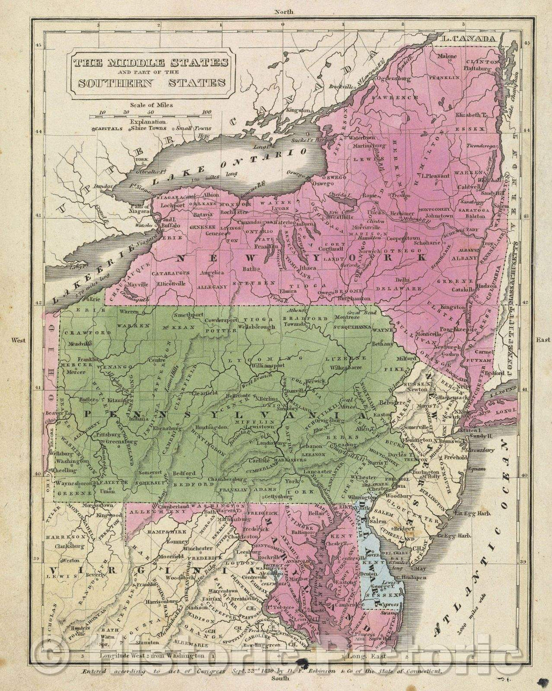 Historic Map : The Middle States and Part of the Southern States, 1830 , Vintage Wall Art