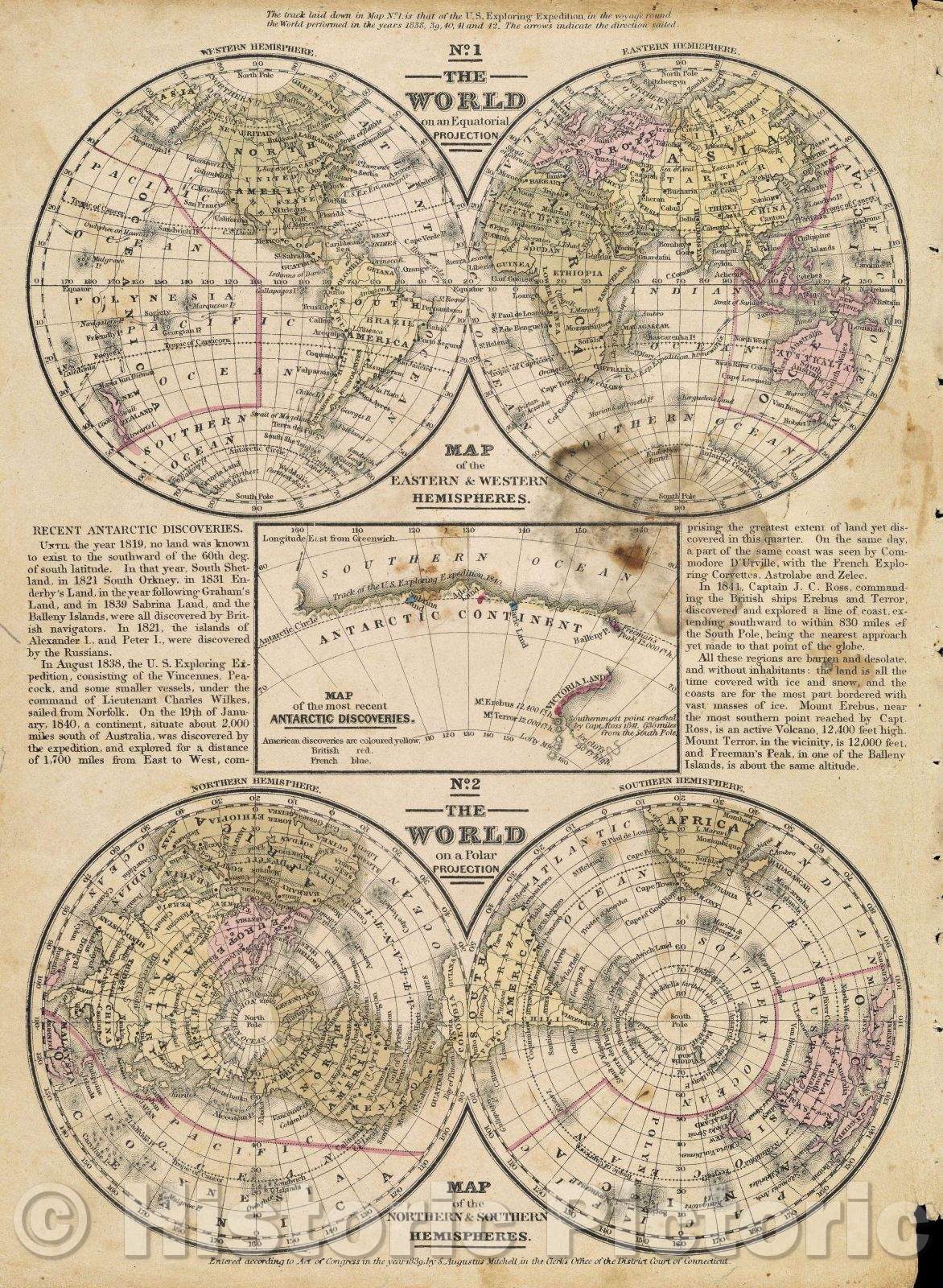 Historic Map : The World on an Equatorial Projection : Map of the Eastern and Western Hemispheres / The World on a Polar Projection , 1839 , Vintage Wall Art