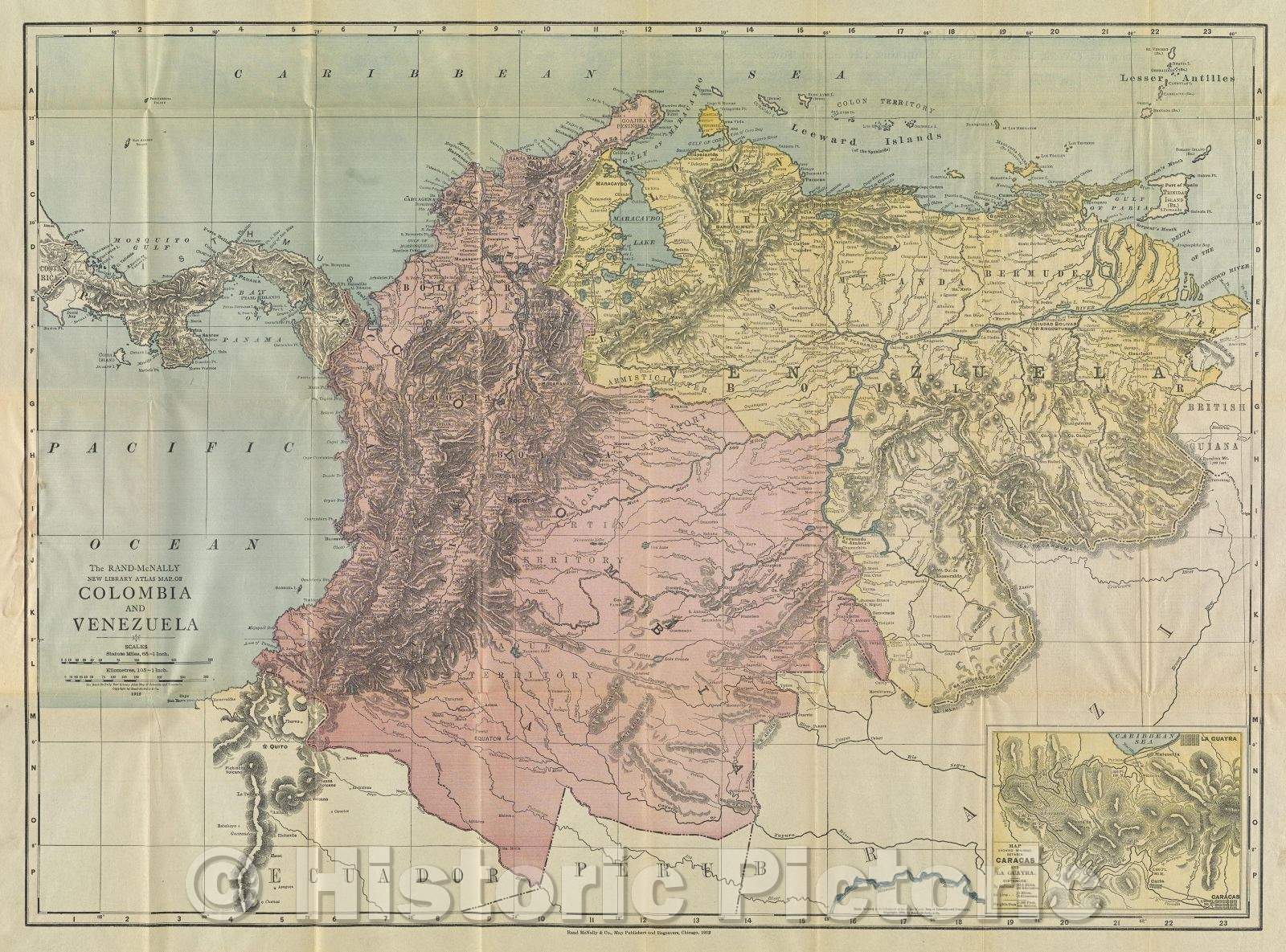 Historic Map : The Rand McNally New Library Atlas Map of Colombia and Venezuela, 1912 , Vintage Wall Art