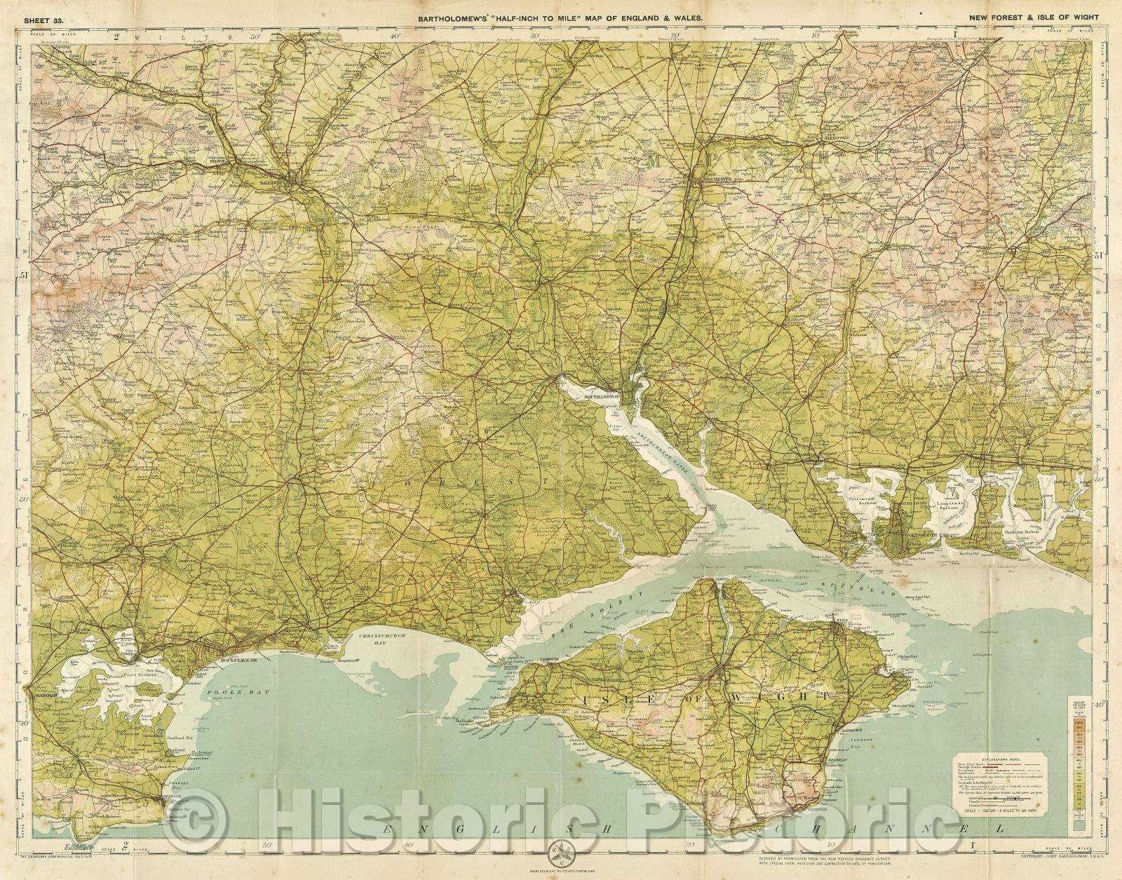 Historic Map : Bartholomew's "half-inch to mile" map of England and Wales. New Forest and Isle of Wight, 1913 , Vintage Wall Art