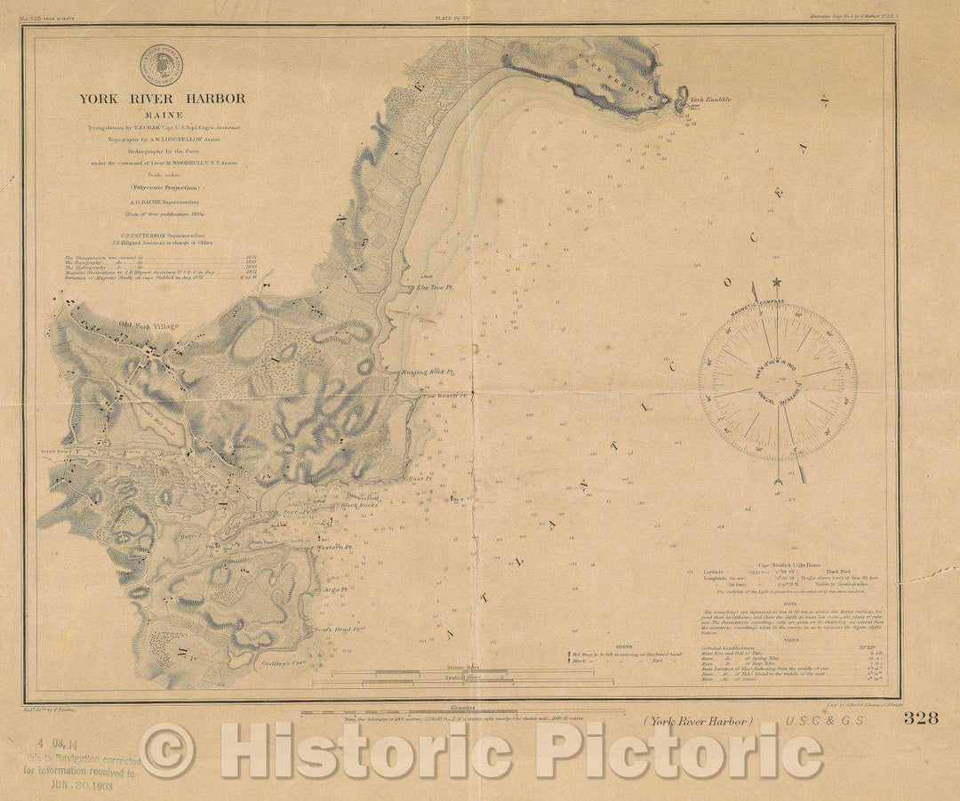 Historic Map : York River Harbor, Maine Triangulation by T. J. Cram Capt. U.S. Topl. Engrs. Assistant, Topography by A. W. Longfellow Assist., 1854 , Vintage Wall Art