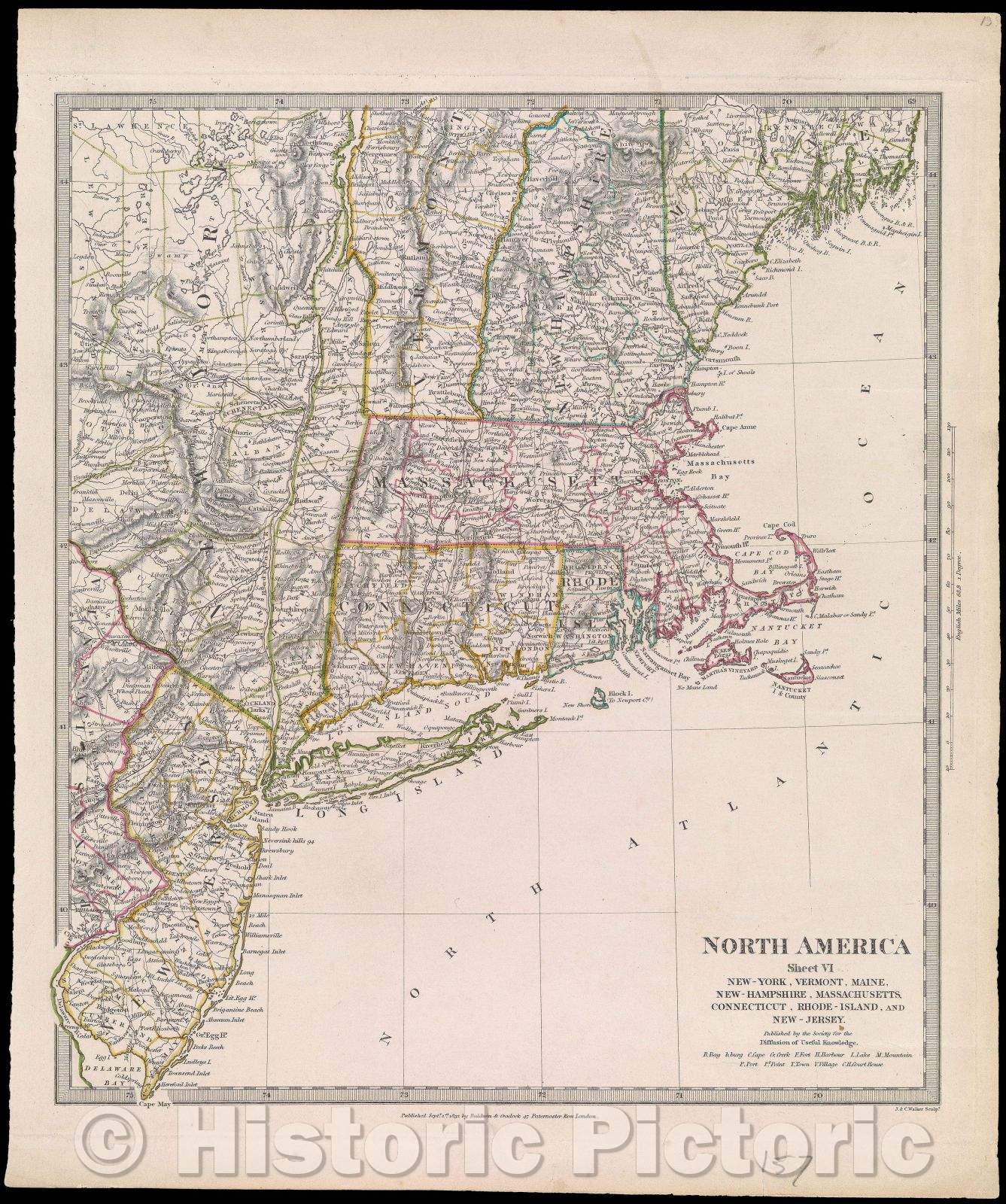 Historic Map : North America. Sheet VI, New-York, Vermont, Maine, New-Hampshire, Massachusetts, Connecticut, Rhode-Island, and New-Jersey , 1832 , Vintage Wall Art