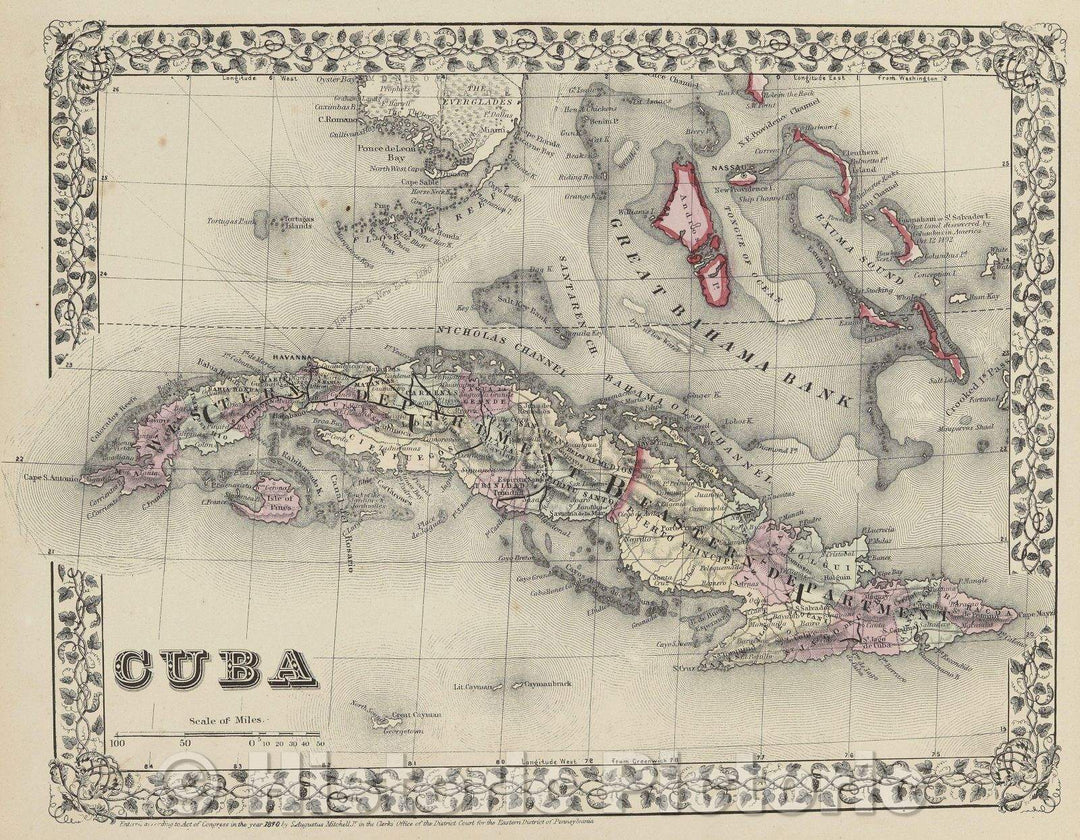 Historic Map : Cuba, 1870 , Vintage Wall Art