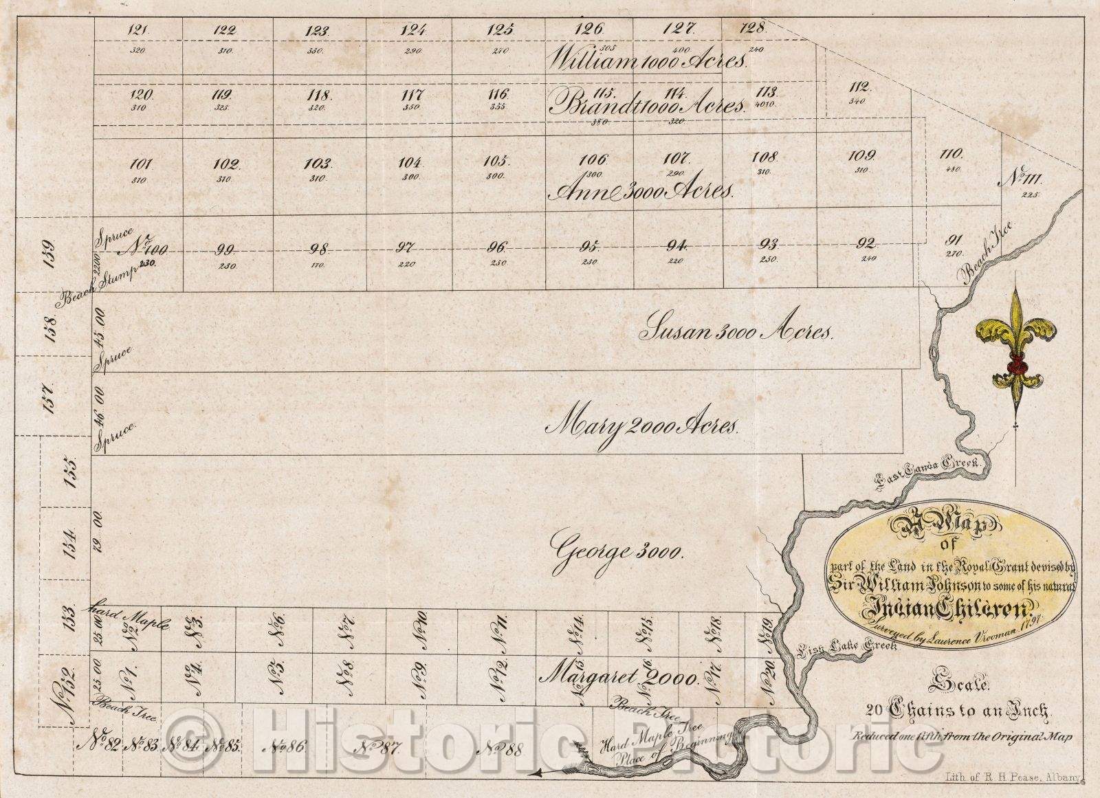 Historic Map : Map of part of the land in the Royal Grant devised by Sir William Johnson to some of his natural Indian children, surveyed by Laurence Vrooman, 1797, 1849 , Vintage Wall Art