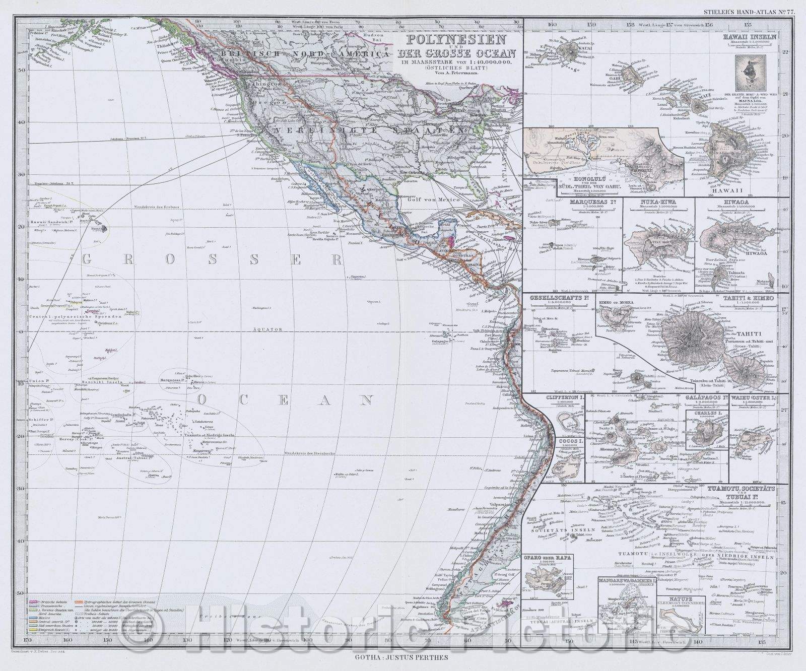 Historic Map : Polynesien un der Grosse Ocean in Maasstabe von 1: 40,000,000 Osliches Blatt von A. Petermann., 1884 , Vintage Wall Art