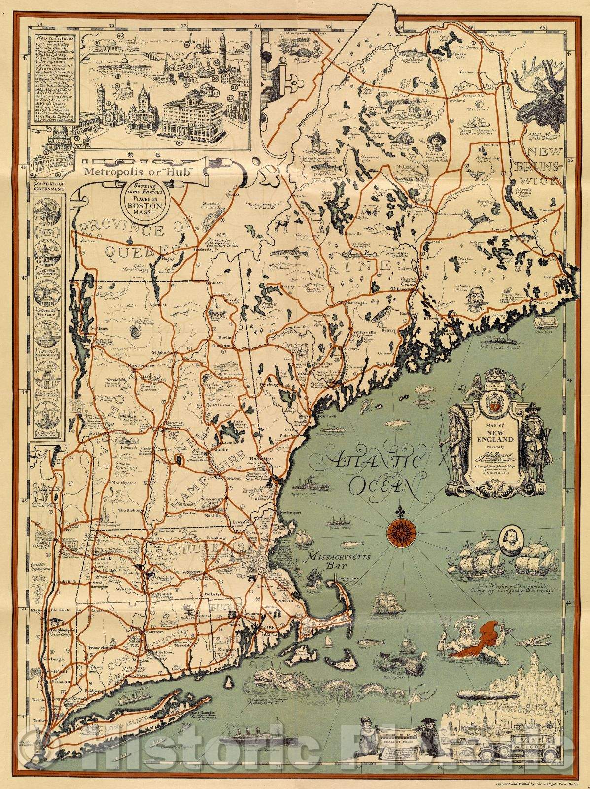 Historic Map : Map of New England / arranged from colonial maps of Bleau, Speed and others by Griswold Tyng ; engraved ... by the Southgate Press, Boston, 1930 , Vintage Wall Art