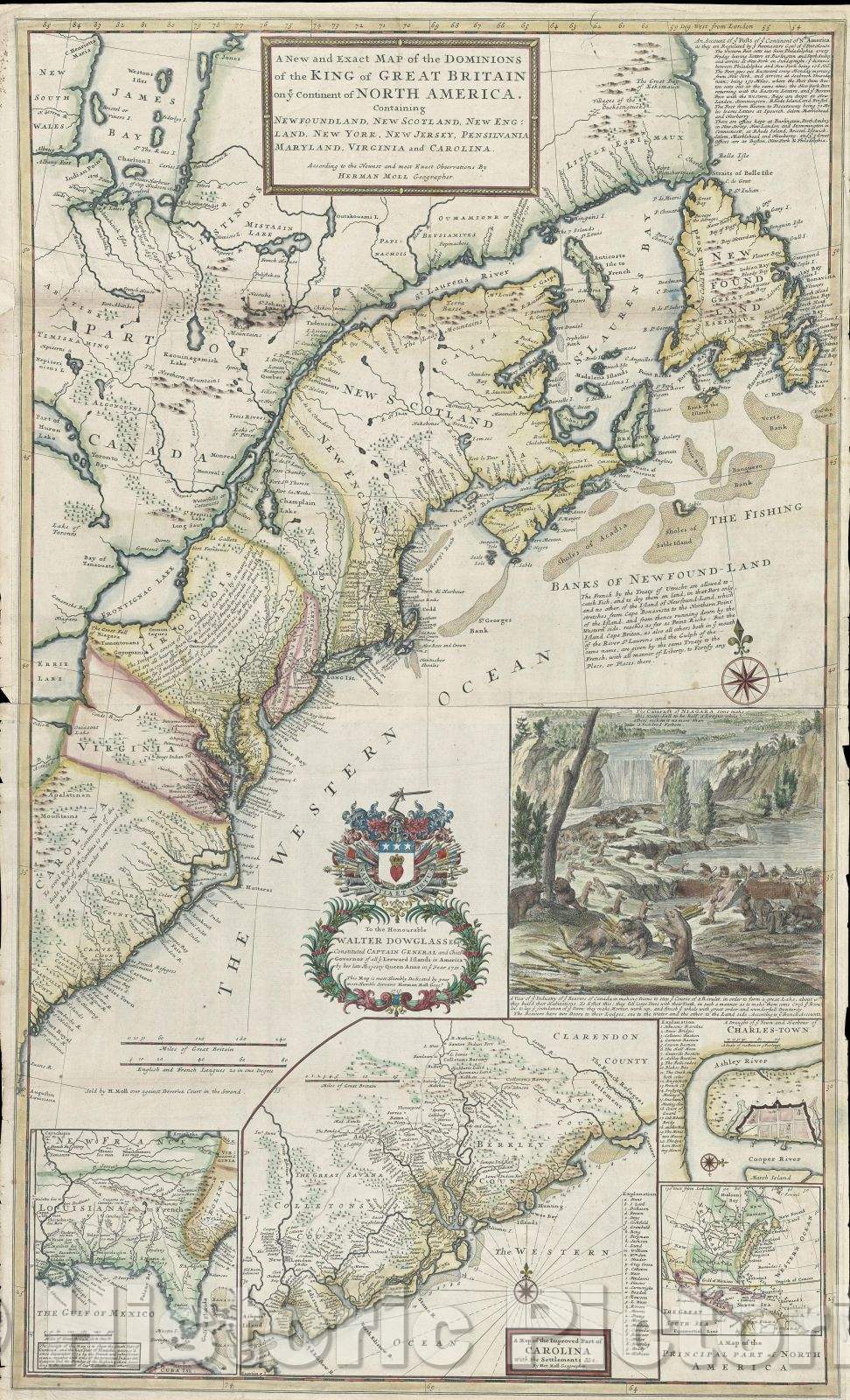 Historic Map : A New and Exact Map of the Dominions of the King of Great Britain on continent of North America : containing Newfoundland, New Scotland, New England, 1715 , Vintage Wall Art