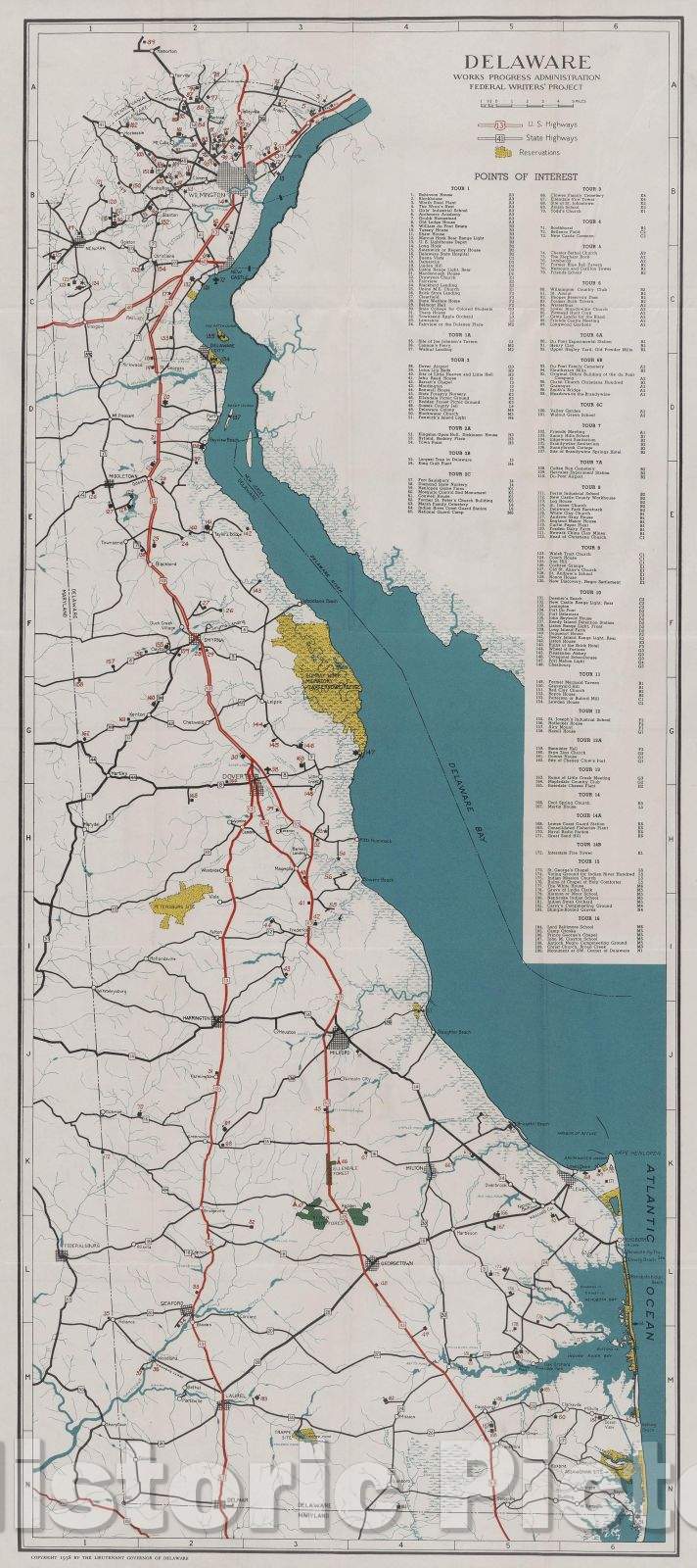 Historic Map : Delaware; a guide to the first state, compiled and written by the Federal writers' project of the WPA, c1940 , Vintage Wall Art