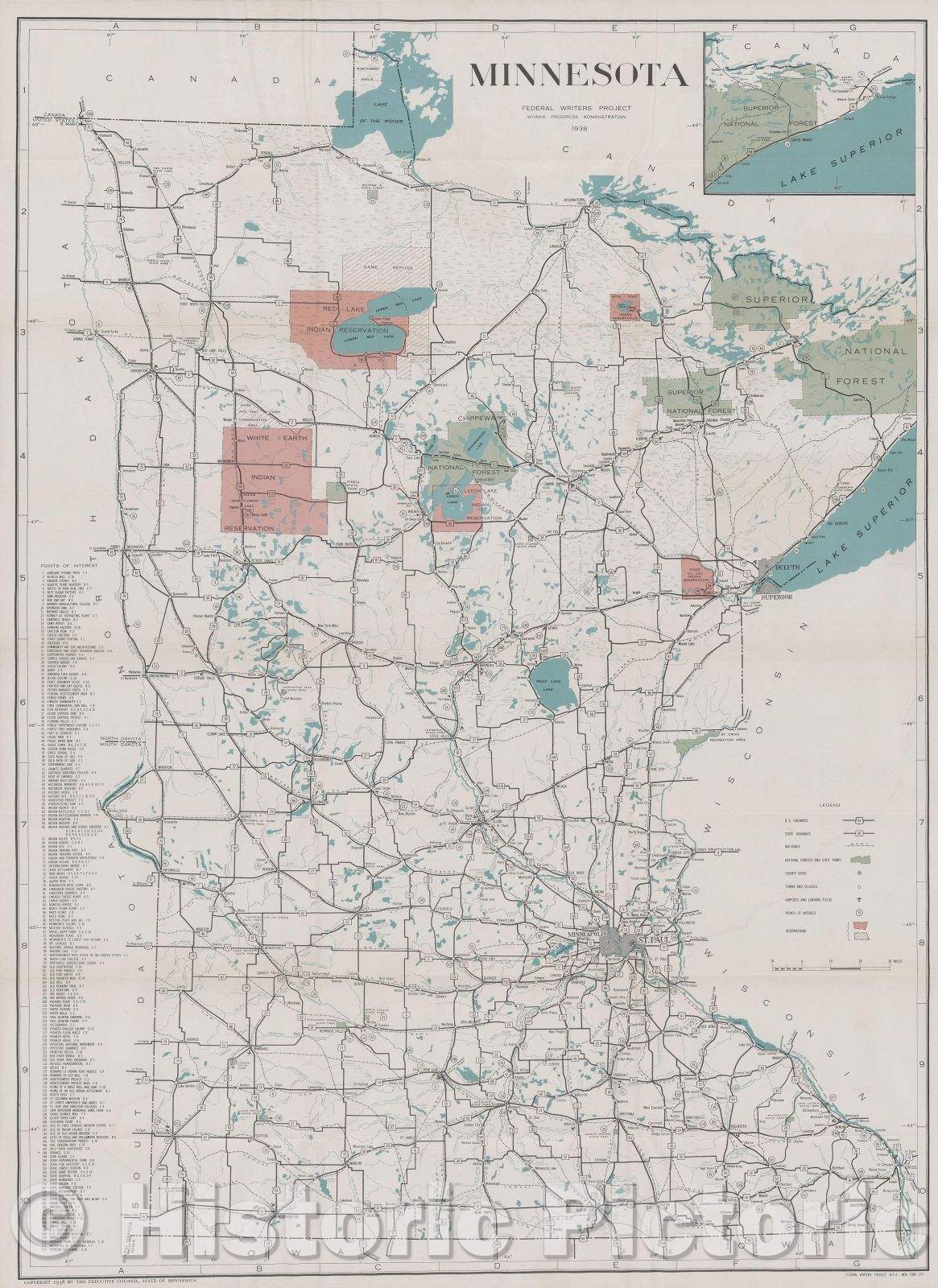 Historic Map : Minnesota, a state guide. Compiled and written by the Federal Writers' Project of the Works Progress Administration, Vintage Wall Art