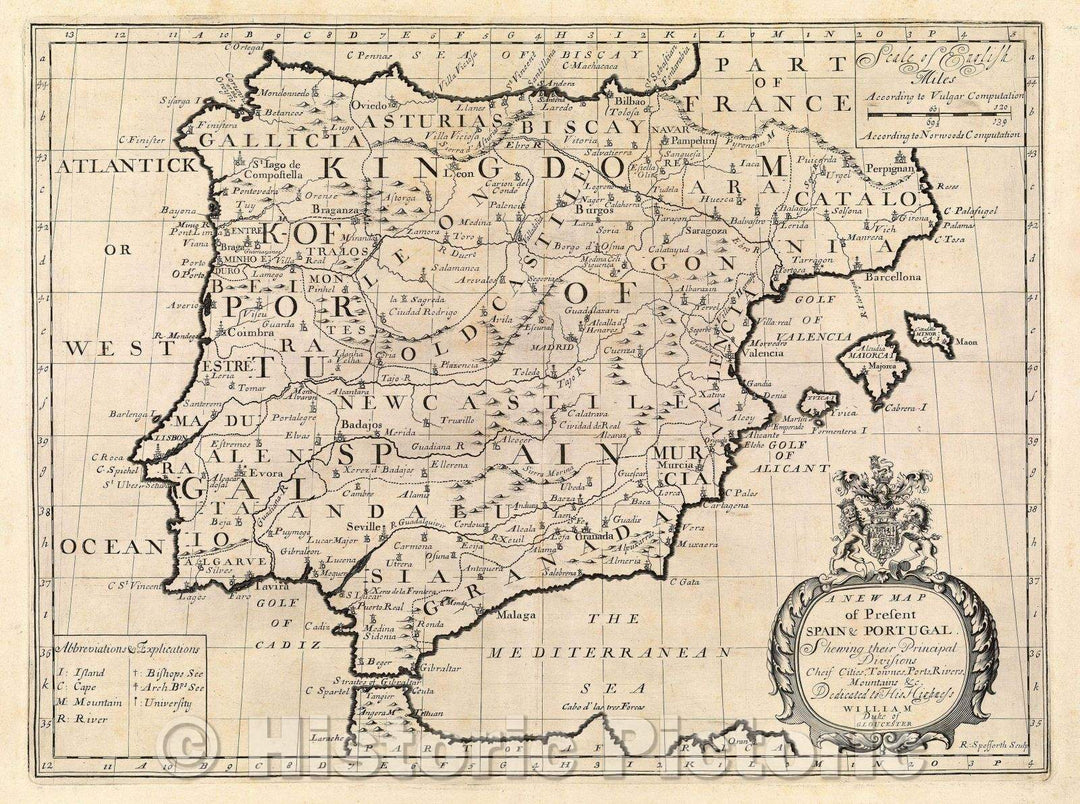 Historic Map : A New Map of Present Spain and Portugal. Shewing their Principal Divisions, Chief Cities, Townes, Ports, Rivers, Mountains, c. 1719 , Vintage Wall Art