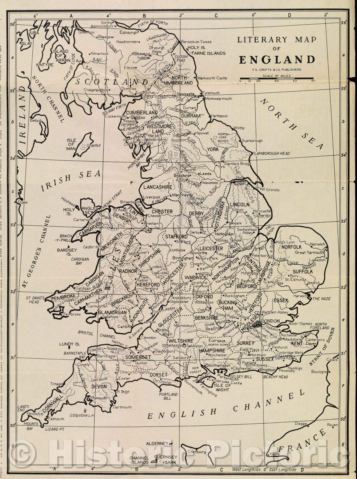 Historic Map : Literary Map of England F.S. Crofts and Co. Publishers, 1934 , Vintage Wall Art