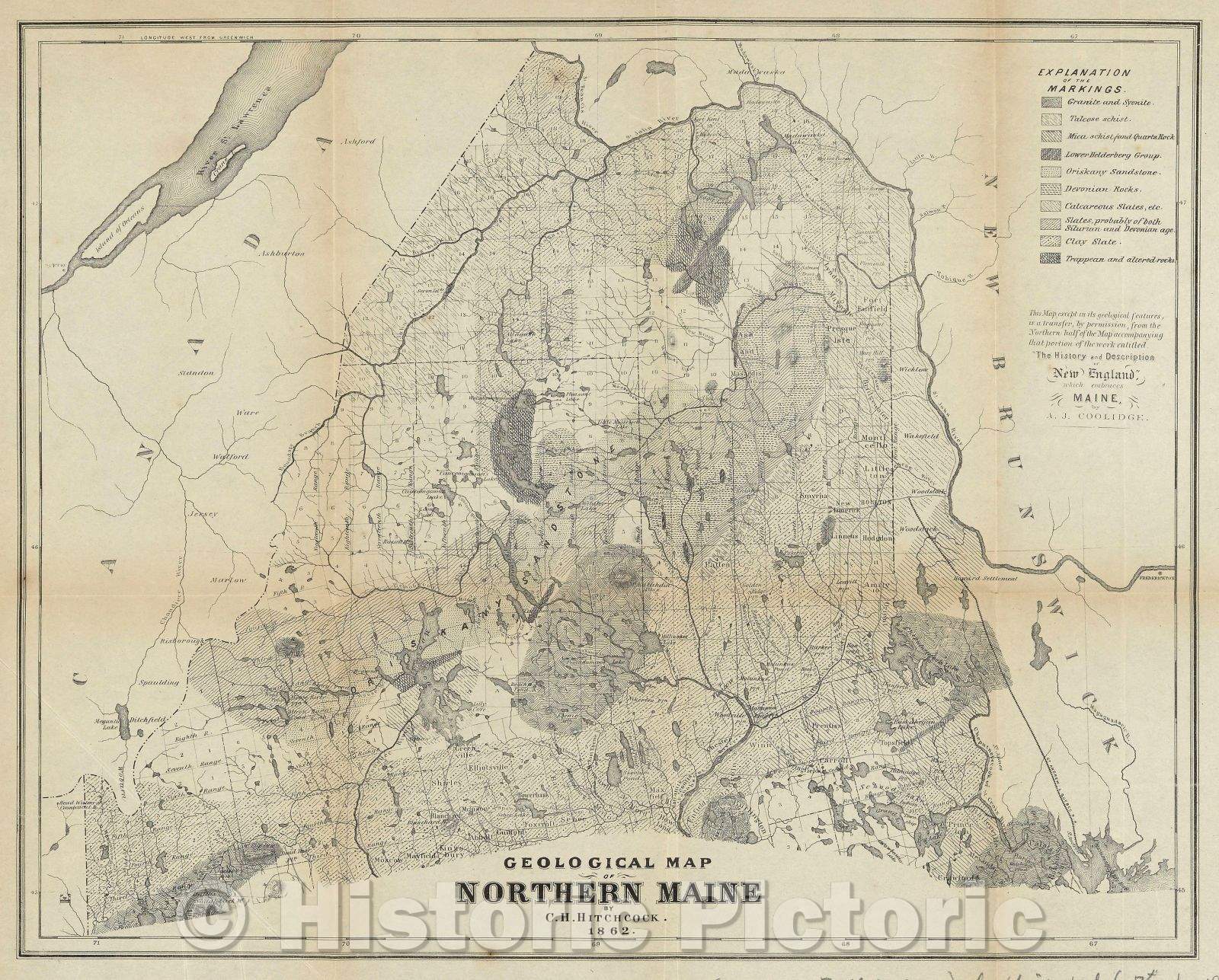 Historic Map : Geological Map of Northern Maine, 1862 , Vintage Wall Art